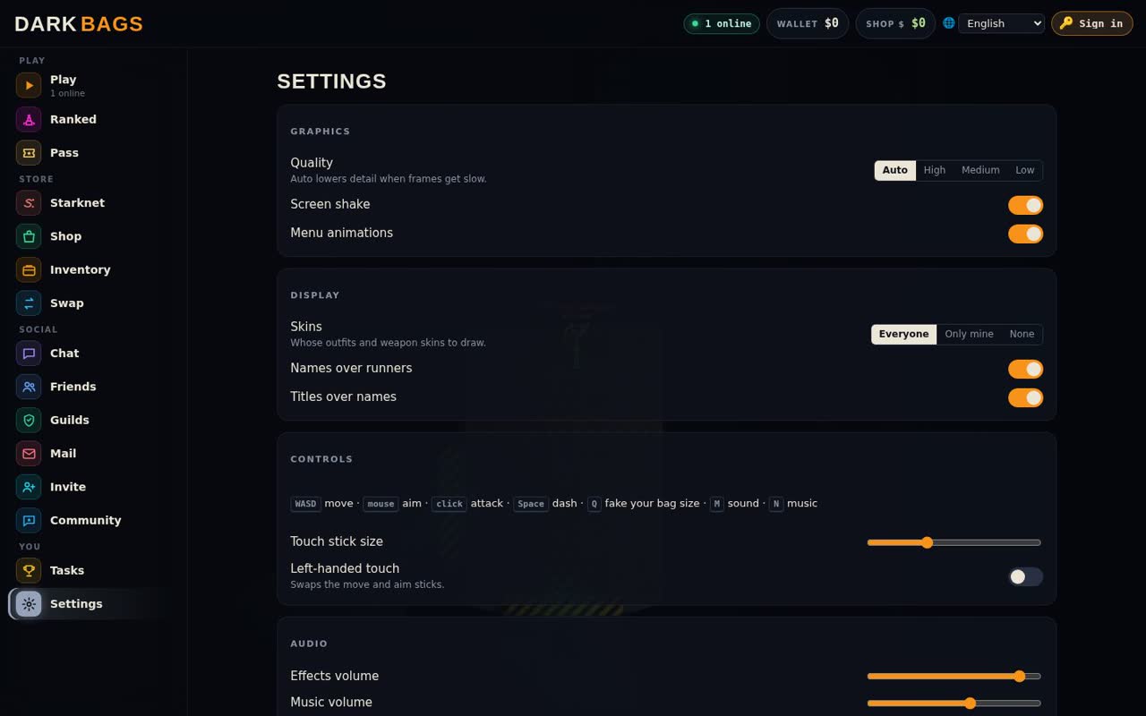 The settings page